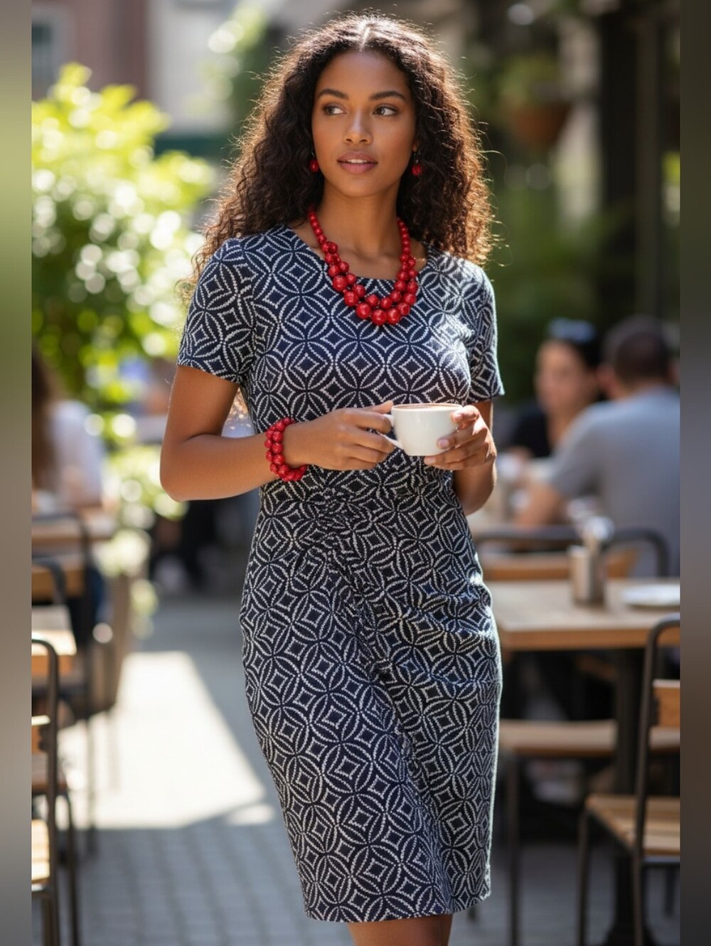 Connected Apparel Navy White Geometric Side-Ruched Dress with Pink Lining